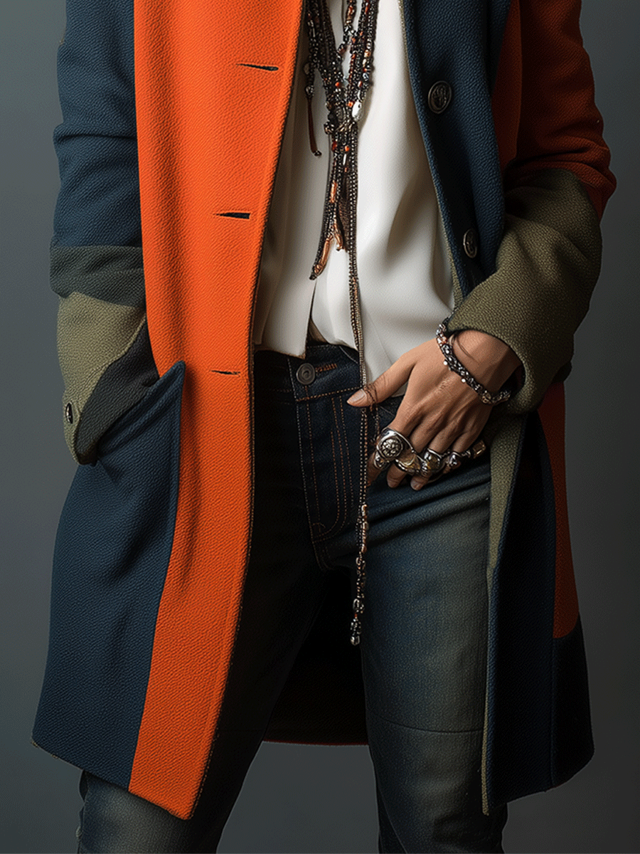 Modern Patchwork Colorblock Wool Orange & Navy Coat