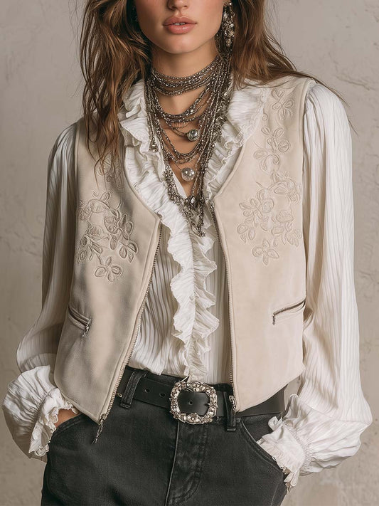 Ivory Quiet Luxury Bohemian Style Embroidered Suede Vest