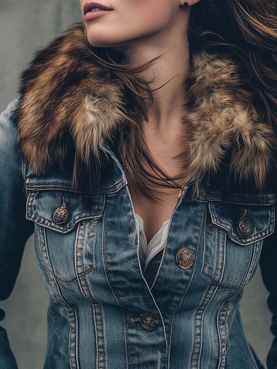 Vintage Denim Fitted Jacket With Detachable Faux Fur Collar