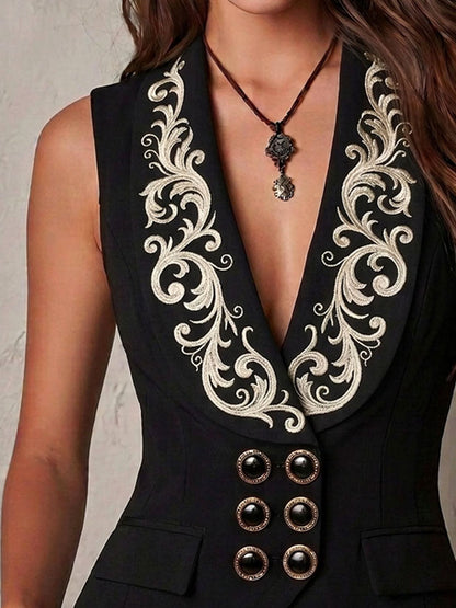 Retro Black Shawl Lapel Embroidery Double Breasted Waistcoat