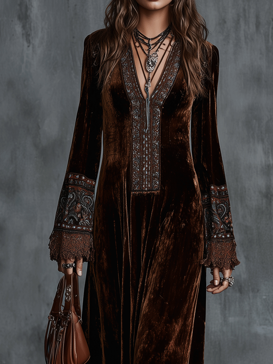 Bohemian Velvet Embroidered Borders Maxi Dress