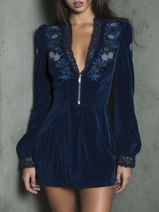 Boho Navy Velvet Embroidered Lace Trim & Zip-Front Mini Dress