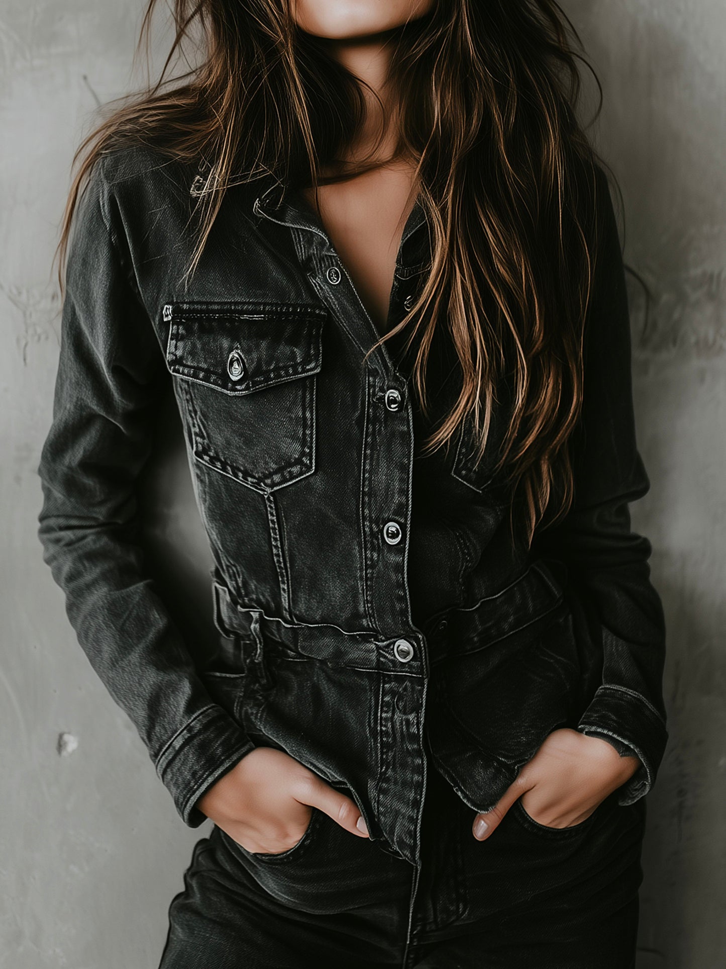 Retro Washed Black Denim Utility Jacket