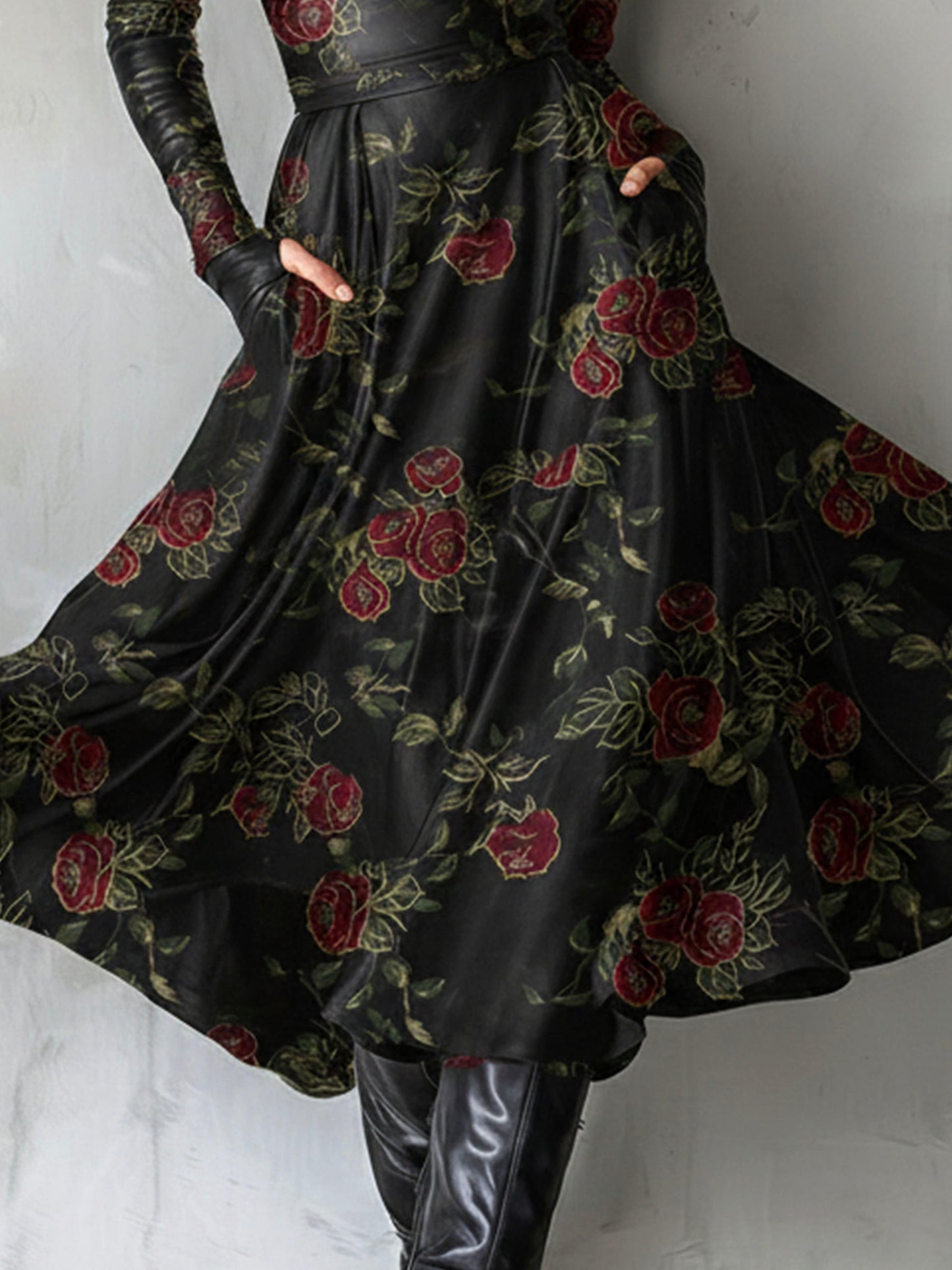 Elegant Black Rose Jacquard Satin Fit-and-Flare Midi Dress