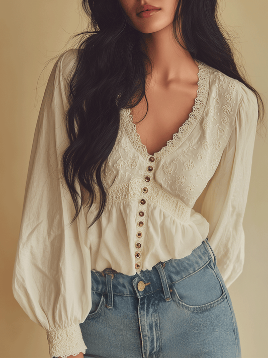 Romantic Ivory Lace Trim Button Front Blouse