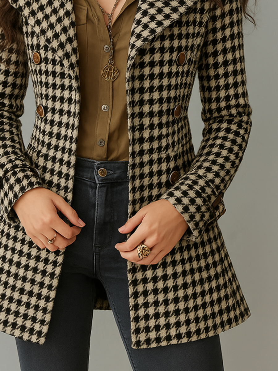 Retro Houndstooth Tweed Jacket With Lapel
