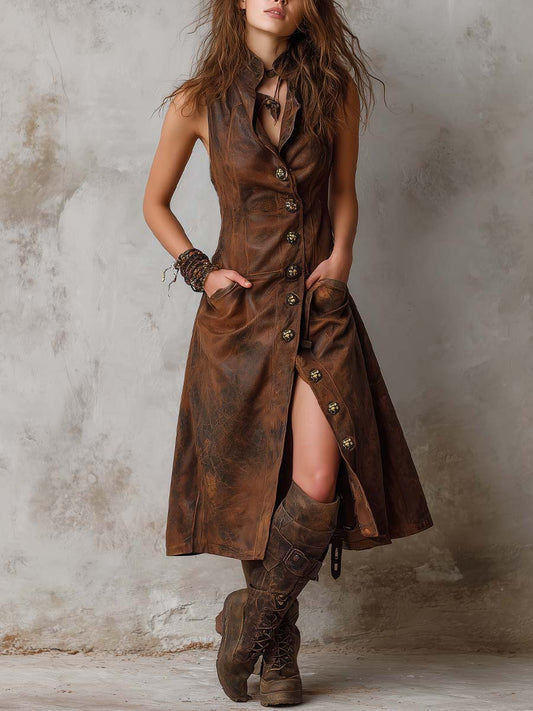 Vintage Country Brown Distressed Pu Leather Utility Dress