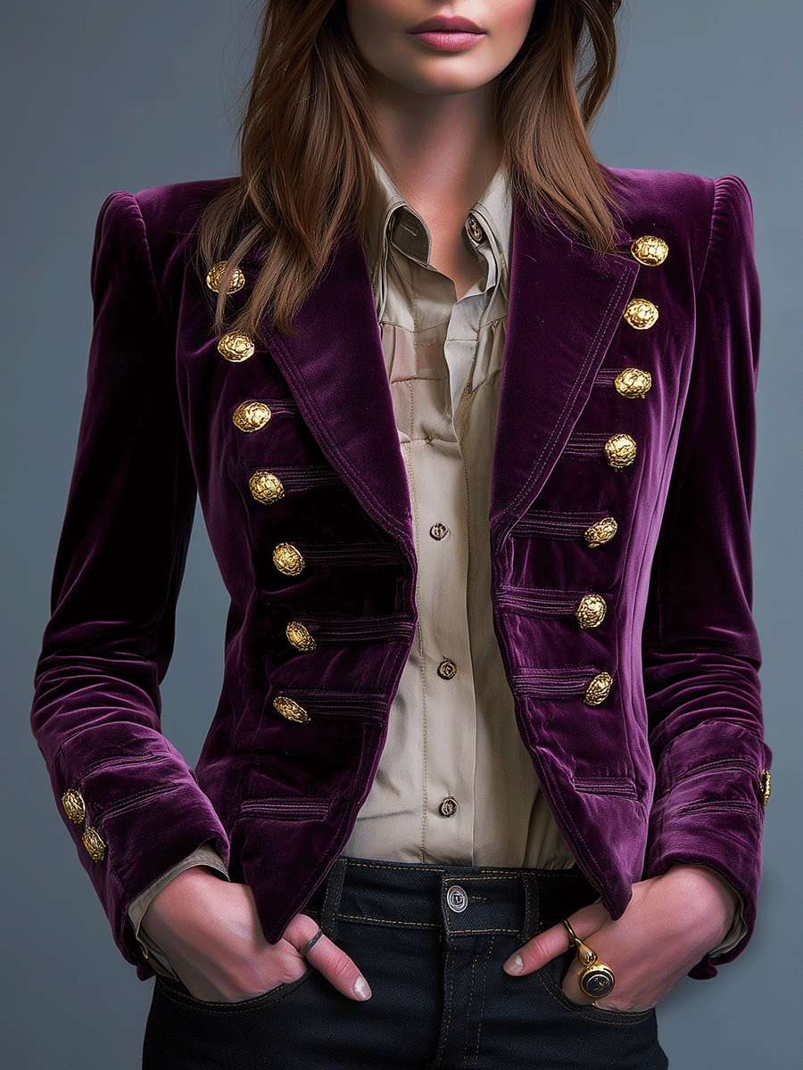 Vintage Deep Purple Velvet Gold Buttons Jacket