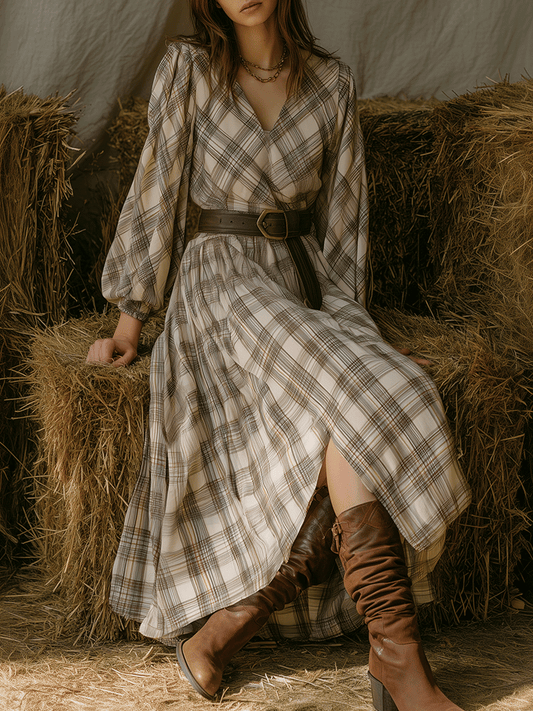 Vintage Country Earth Tone Plaid Maxi Dress