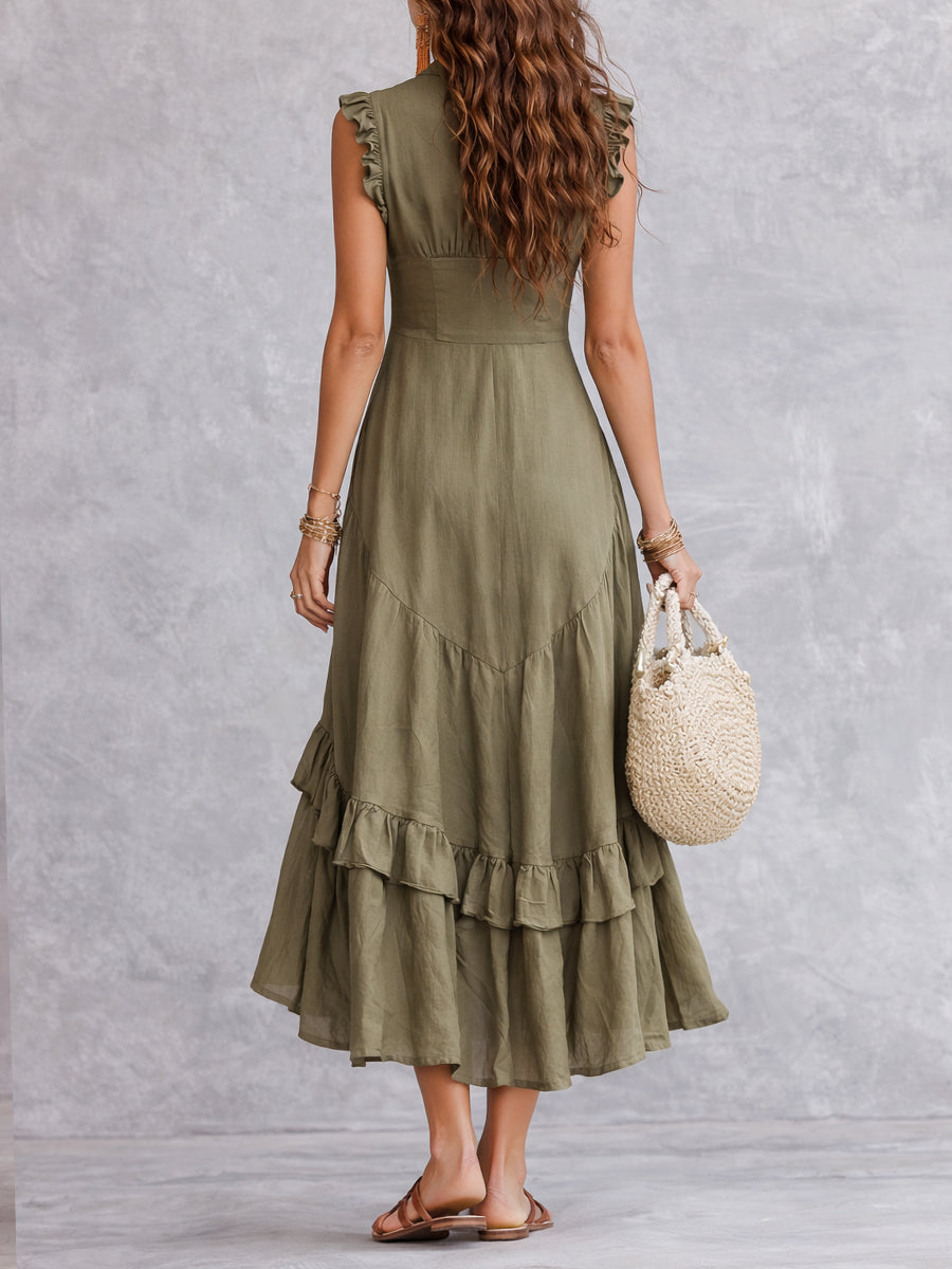 Retro V-neck Button Design Ruffled Hem Maxi Dress