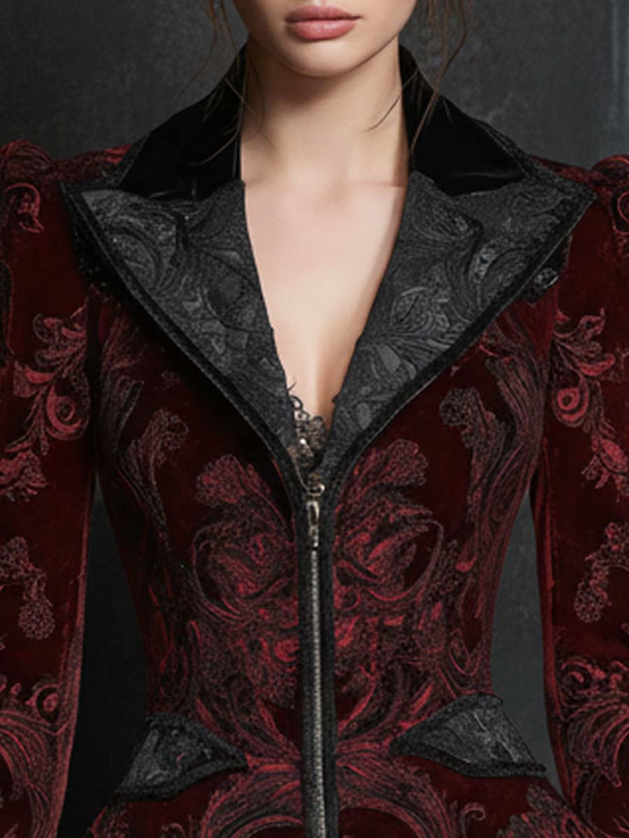Burgundy Velvet Jacquard Jacket With Faux Fur Cuffs – Baroque Luxury