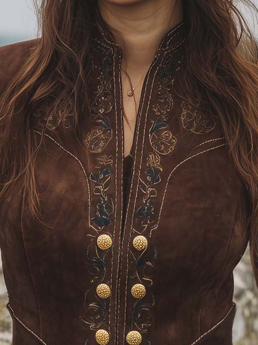 Baroque Gold Embroidered Micro Suede Slim-fit Jacket