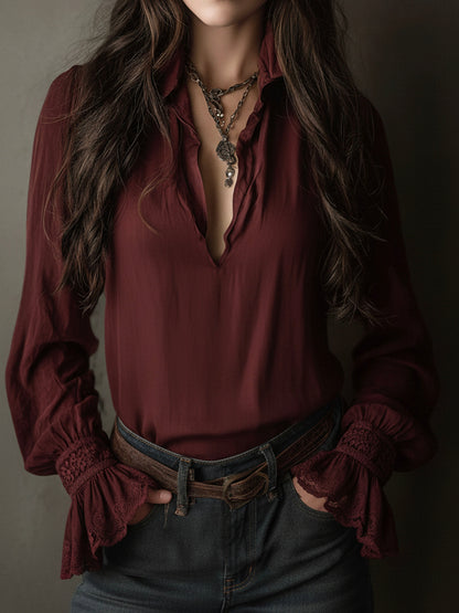 Boho V-Neck Deep Wine Red Blouse With Lace Cuffs