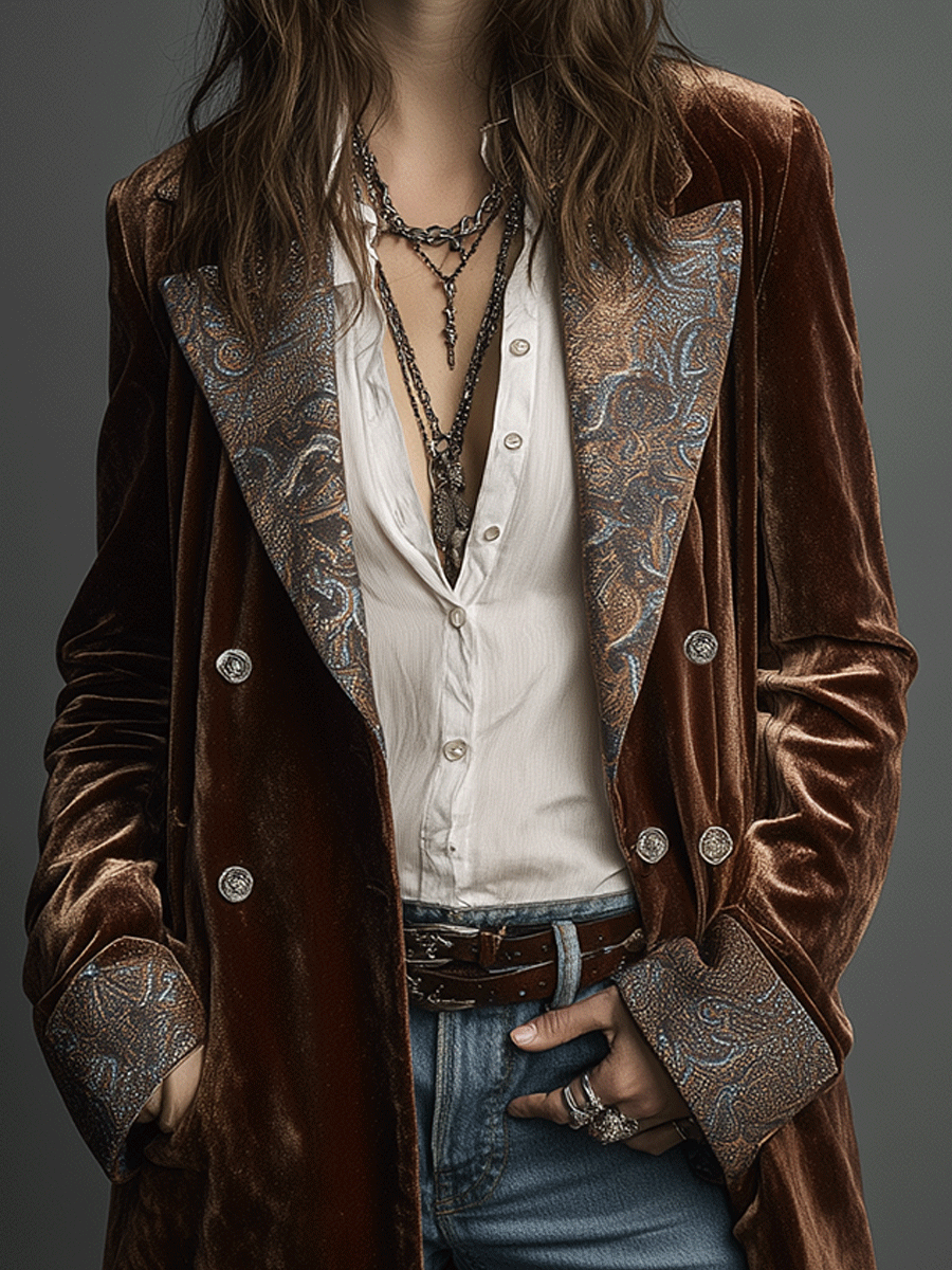Bohe Chestnut Printed Velvet Long Coat
