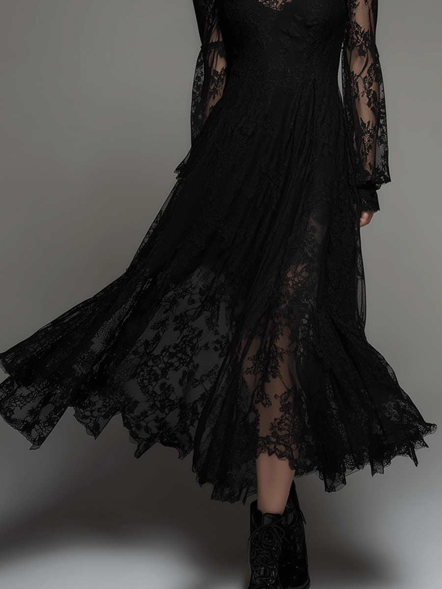 Gothic Elegance Black Victorian Lace Maxi Dress