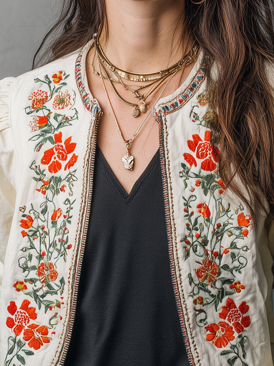 Vintage Puff Sleeve Floral Embroidered Jacket