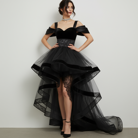 Black Velvet & Tulle High-Low Gown with Lace Accents