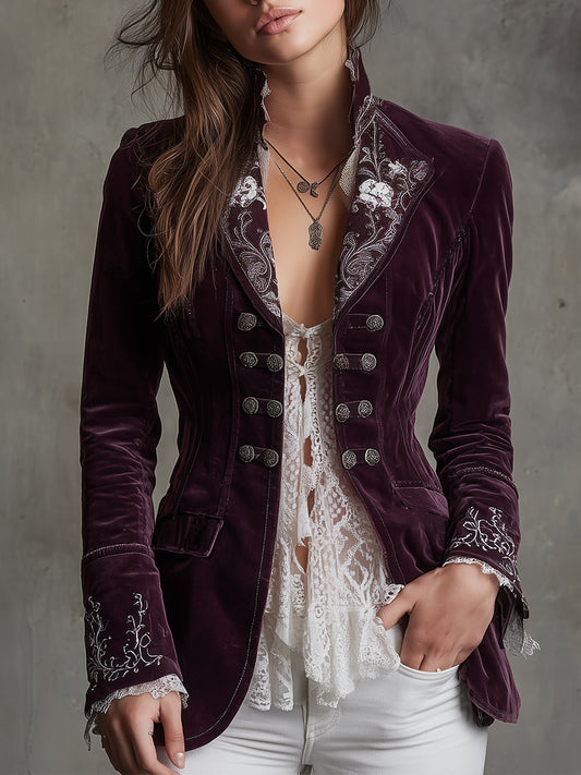 Vintage Velvet Embroidered Metal Buckle Embellished Jacket