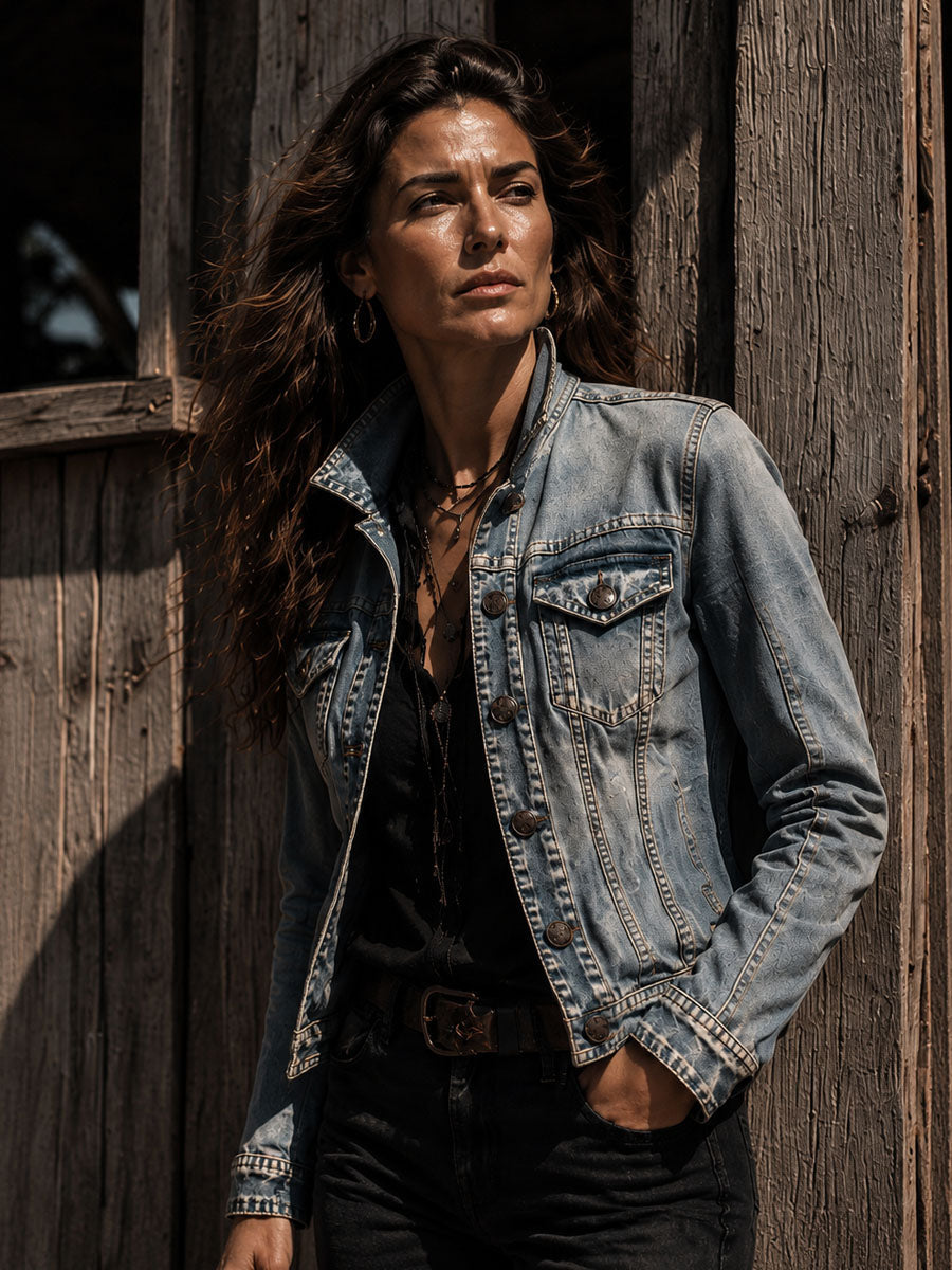 Vintage Distressed Washed Denim Collar Tailored Jacket