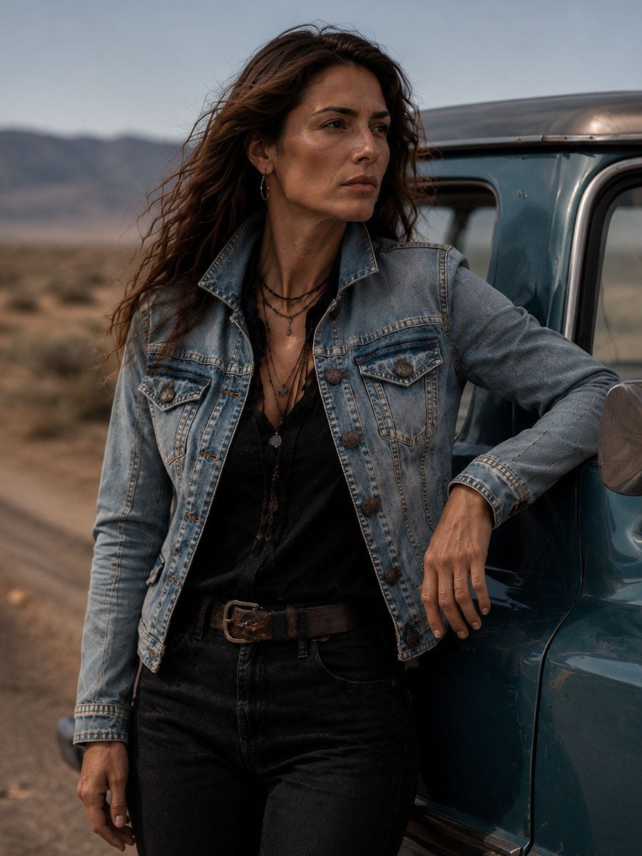 Vintage Distressed Washed Denim Collar Tailored Jacket