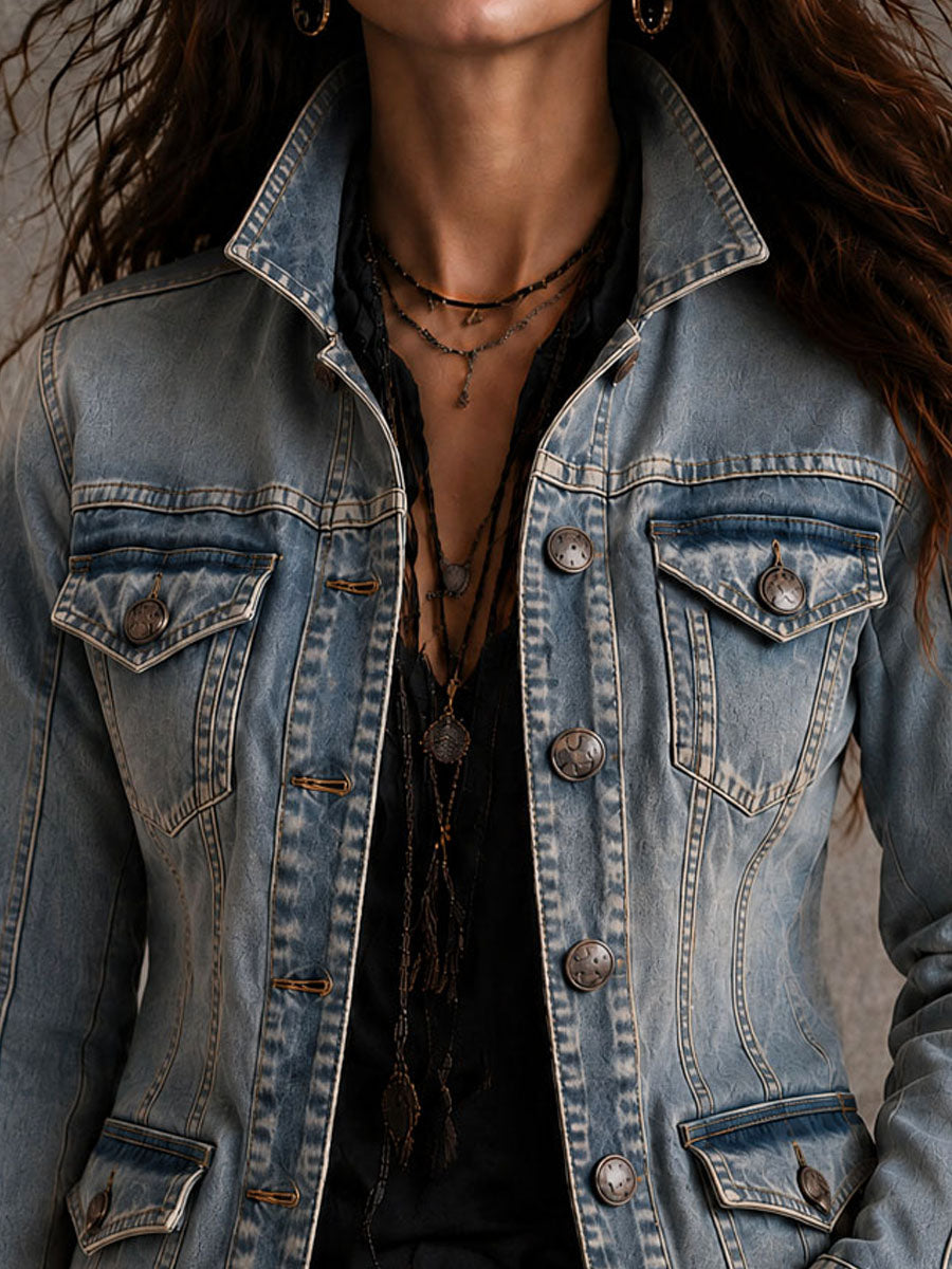 Vintage Distressed Washed Denim Collar Tailored Jacket
