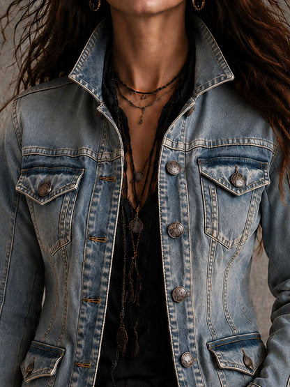 Vintage Distressed Washed Denim Collar Tailored Jacket