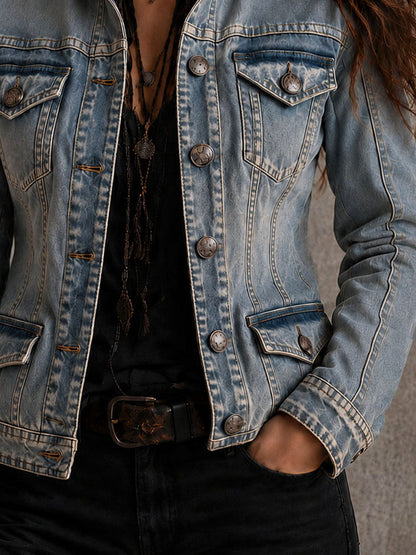Vintage Distressed Washed Denim Collar Tailored Jacket