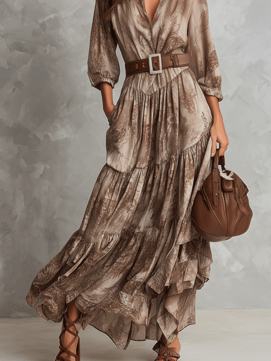 Bohe Style Belted Soft Pleated Printed Maxi Dress