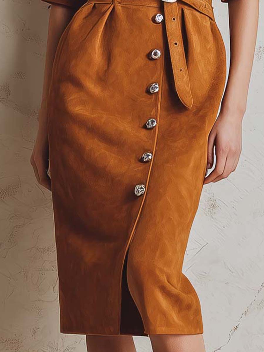 Vintage Caramel Front Button Microfiber Waist Suede Dress