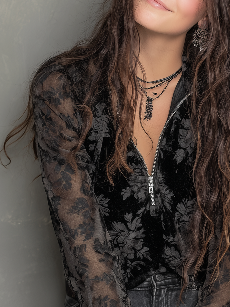 Vintage Floral Sheer Sleeves Blouse