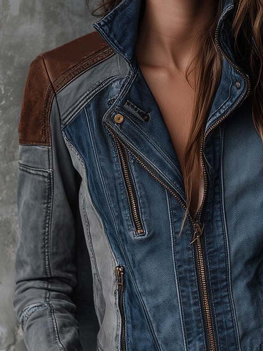 Retro Colorblock Washed Denim Moto Jacket