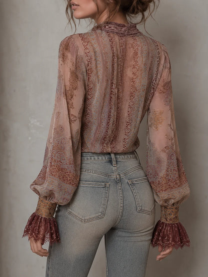 Boho Paisley Sheer Blouse With Lace Cuffs