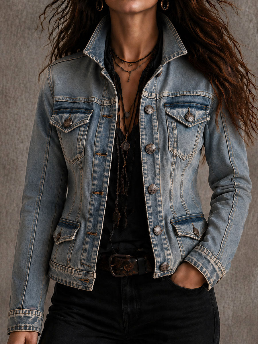 Vintage Distressed Washed Denim Collar Tailored Jacket