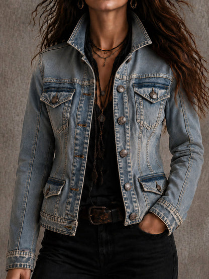 Vintage Distressed Washed Denim Collar Tailored Jacket