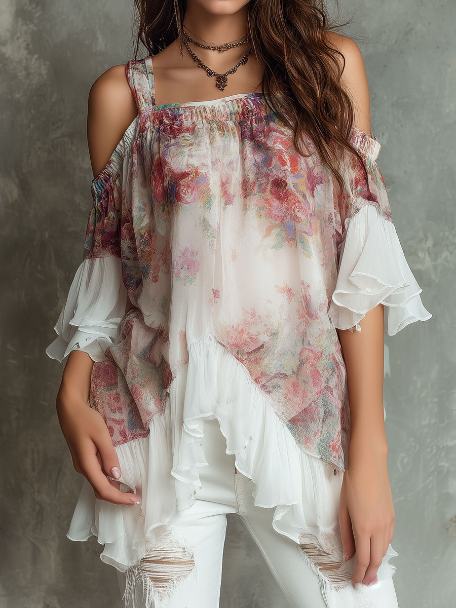 Boho Floral Off-Shoulder Chiffon Blouse With Ruffled Hem