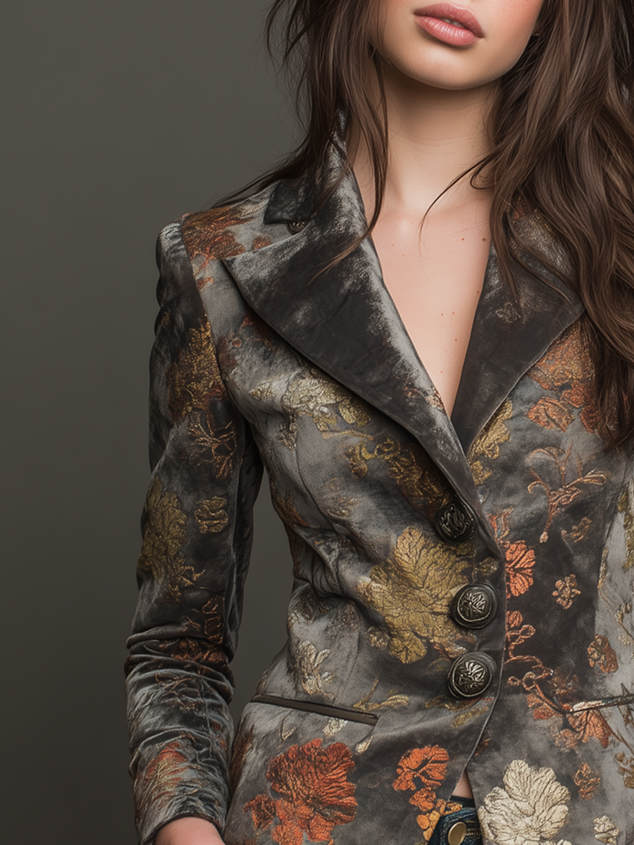 Vintage Floral Print Polyester Velvet Blazer