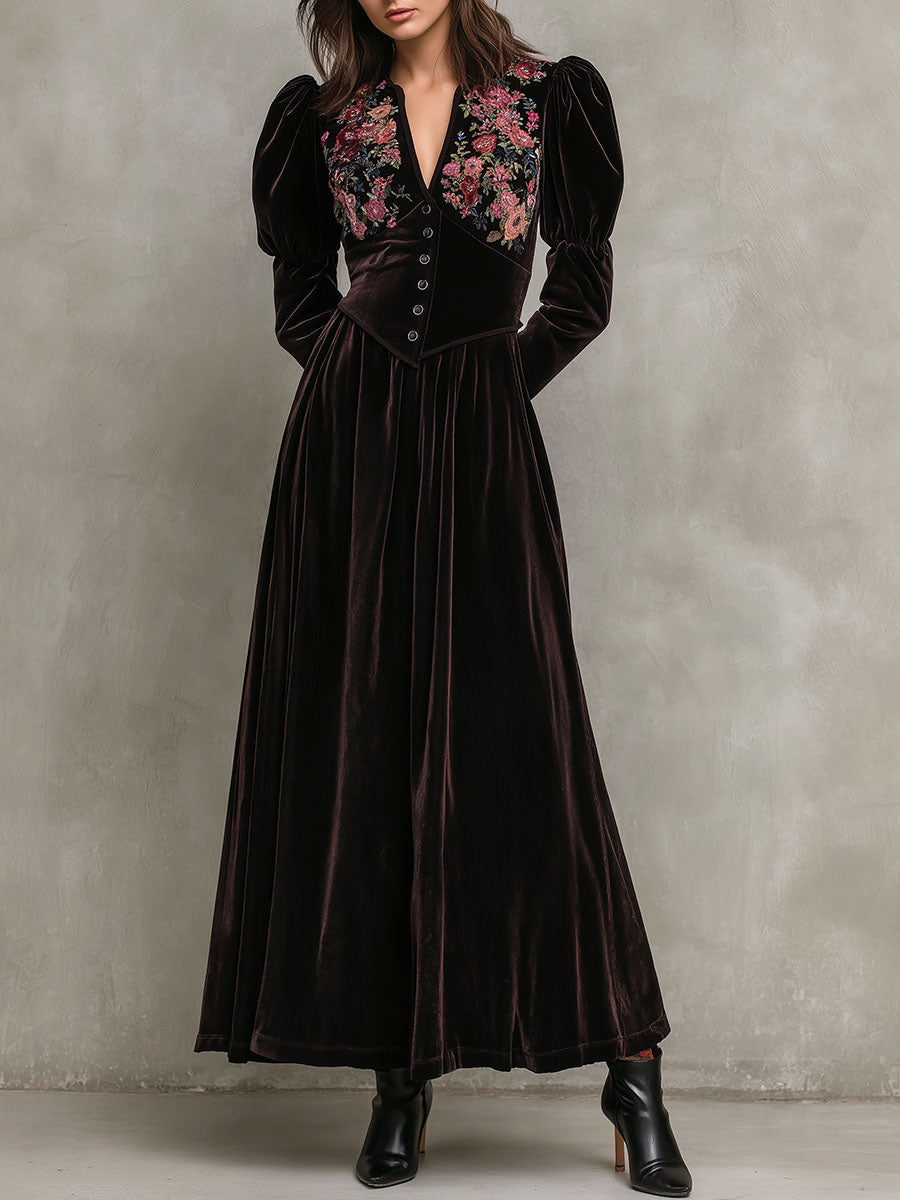 Vintage Velvet Embroidered Vintage Maxi Dress With Puff Shoulders