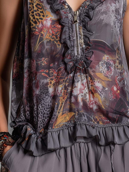 Boho Vintage Floral & Leopard Print Ruffle Chiffon Sleeveless Top