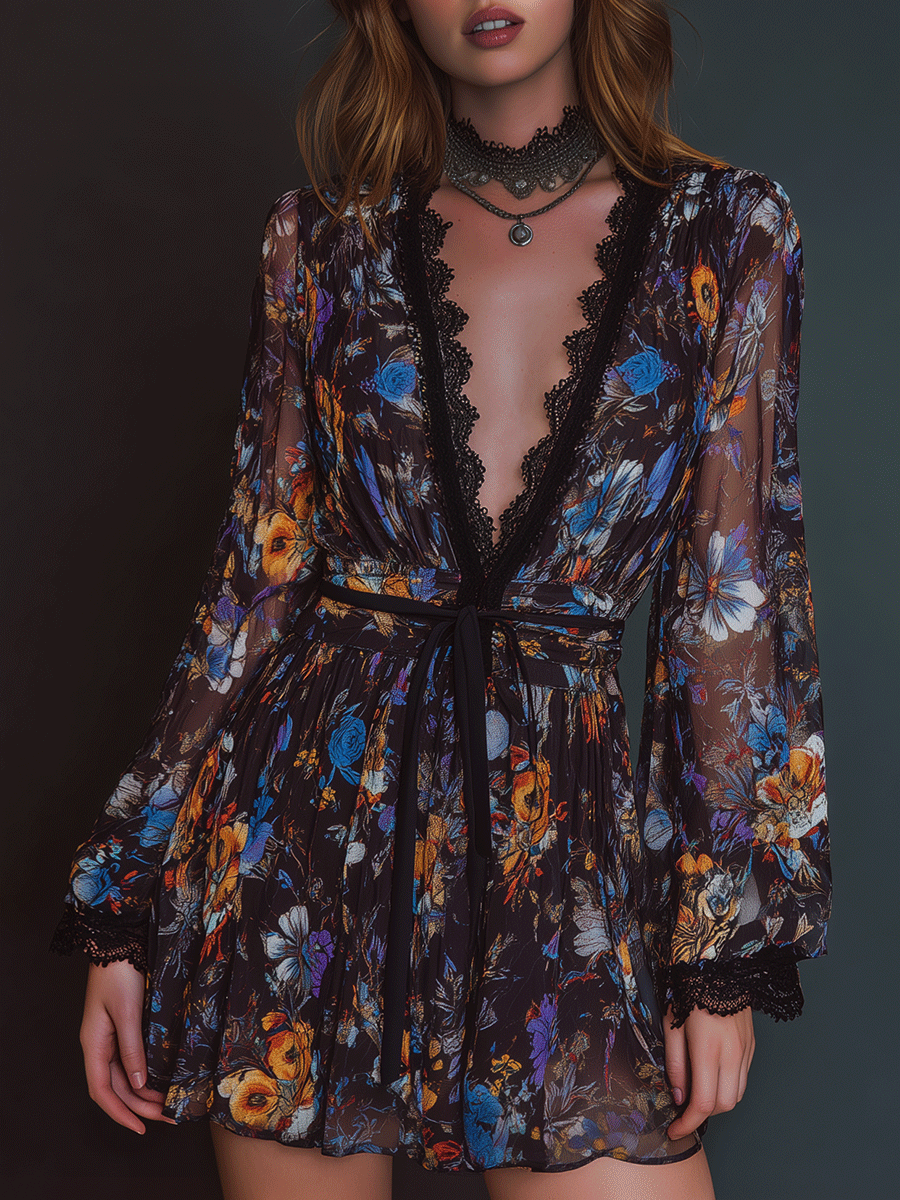 Boho Sheer Romance Midnight Floral Mini Dress