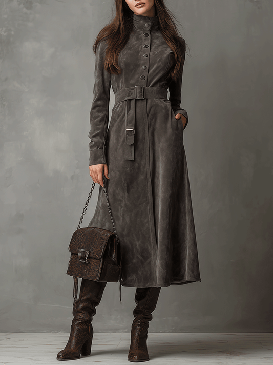High Neck Belted Suede Midi Dress