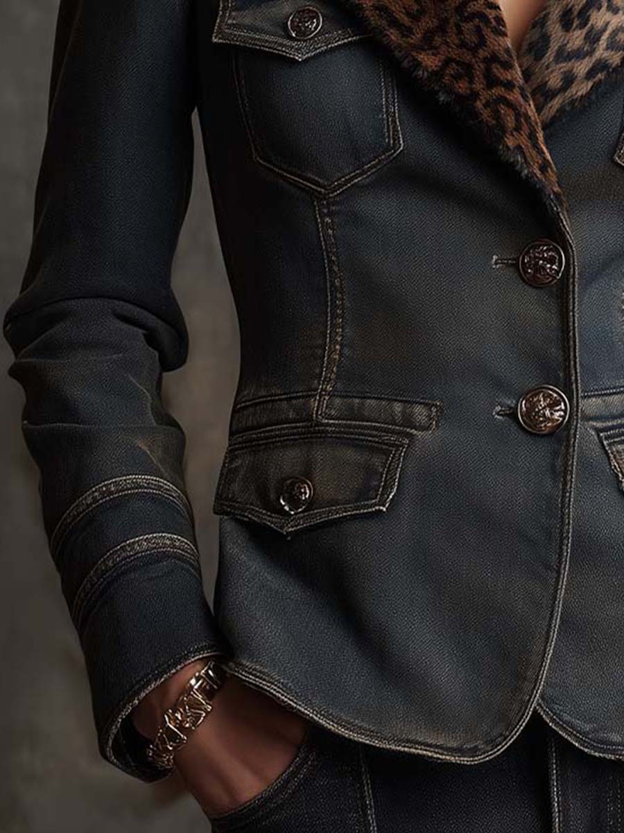 Washed Denim-Effect Suede Blazer With Leopard Faux Fur Collar