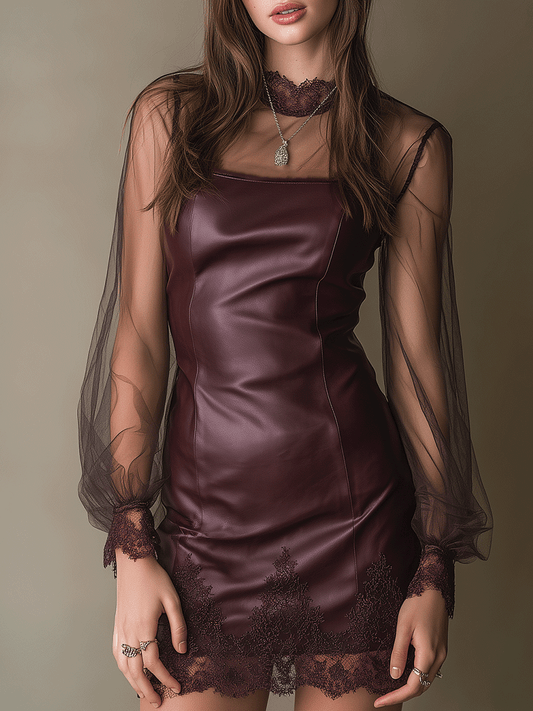 Burgundy Sheer-Sleeve Faux Leather Lace Mini Dress