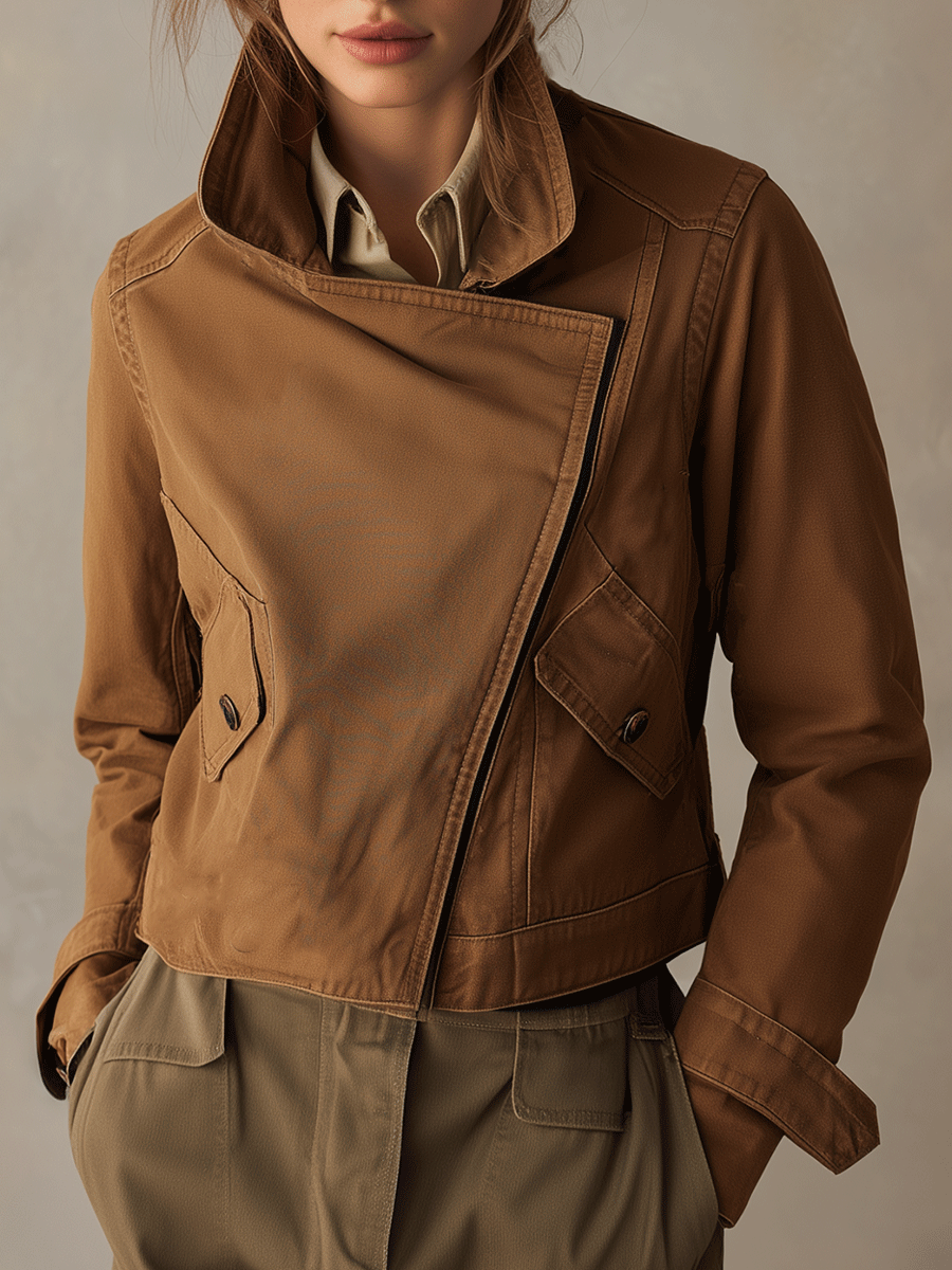 Casual Camel-Colored Asymmetrical Short Jacket