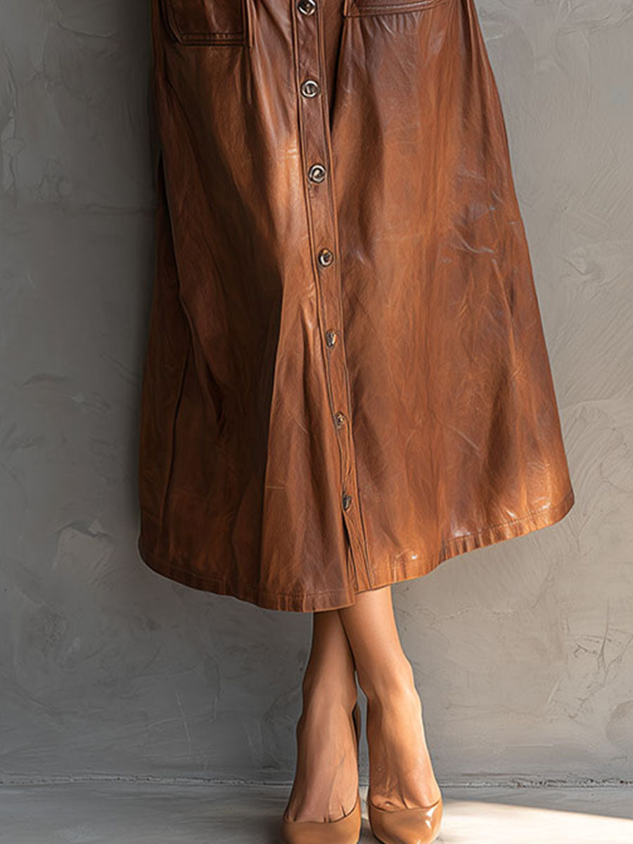 Chic Brown Eco Leather Button-Down Midi Shirt Dress