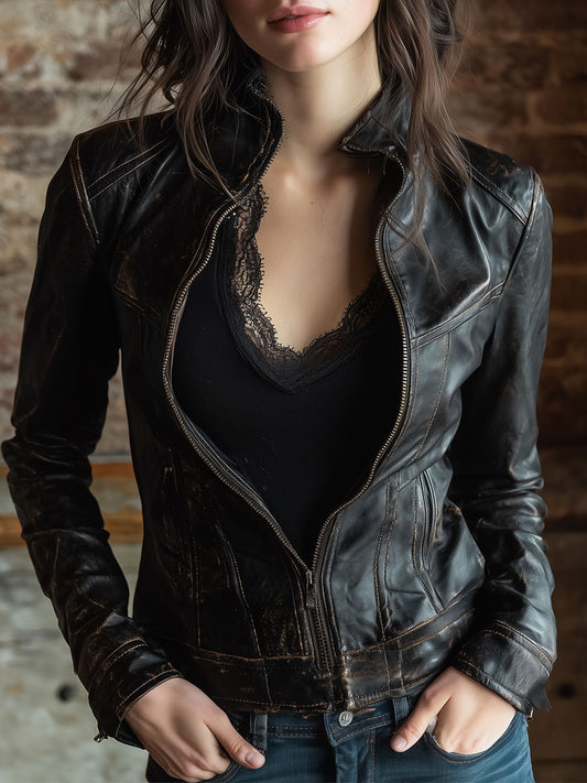 Retro Stand Collar Front Zipper Distressed Jacket