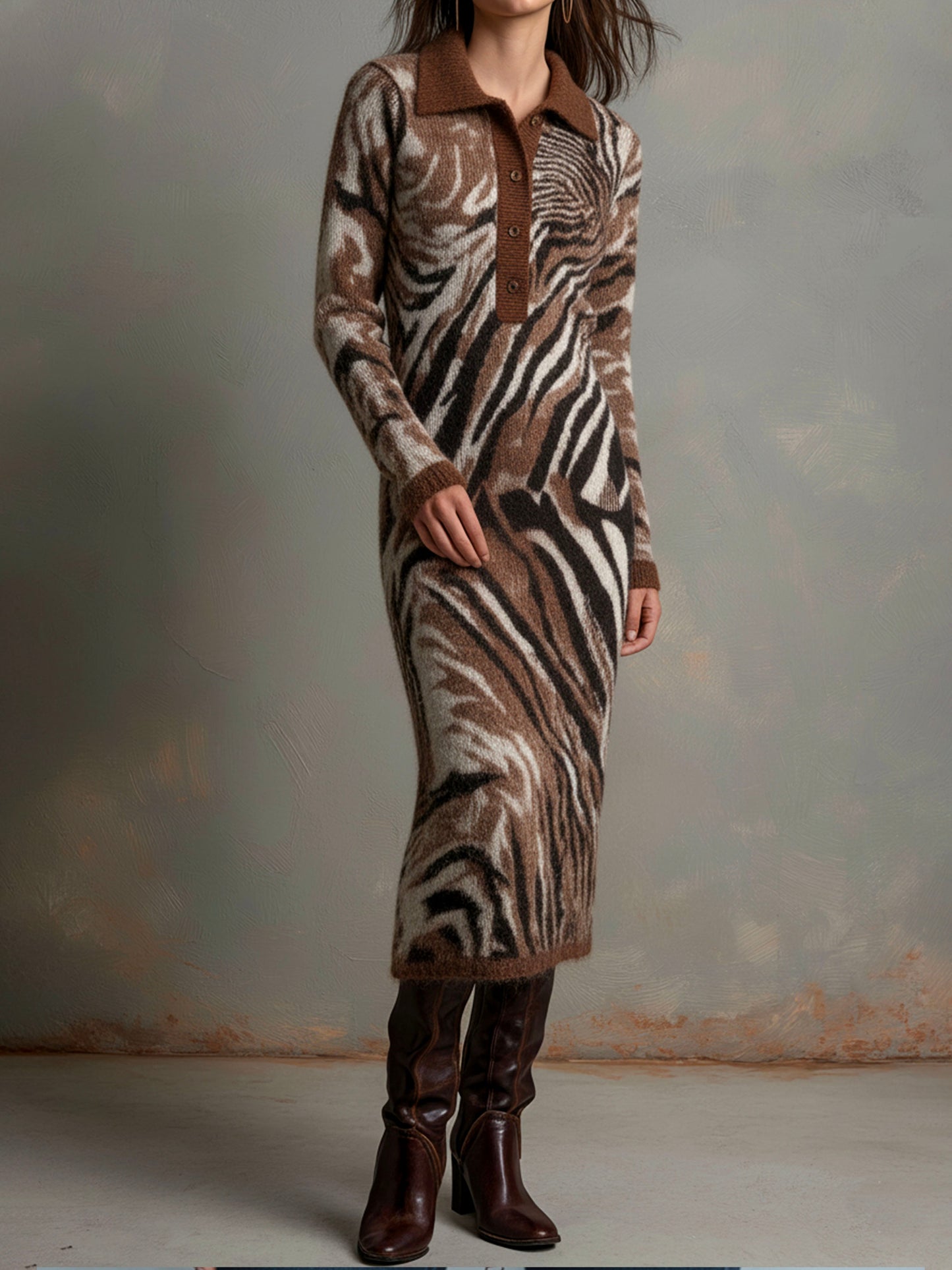 Fuzzy Polo Collar Brown Zebra Pattern Knit Sweater Dress