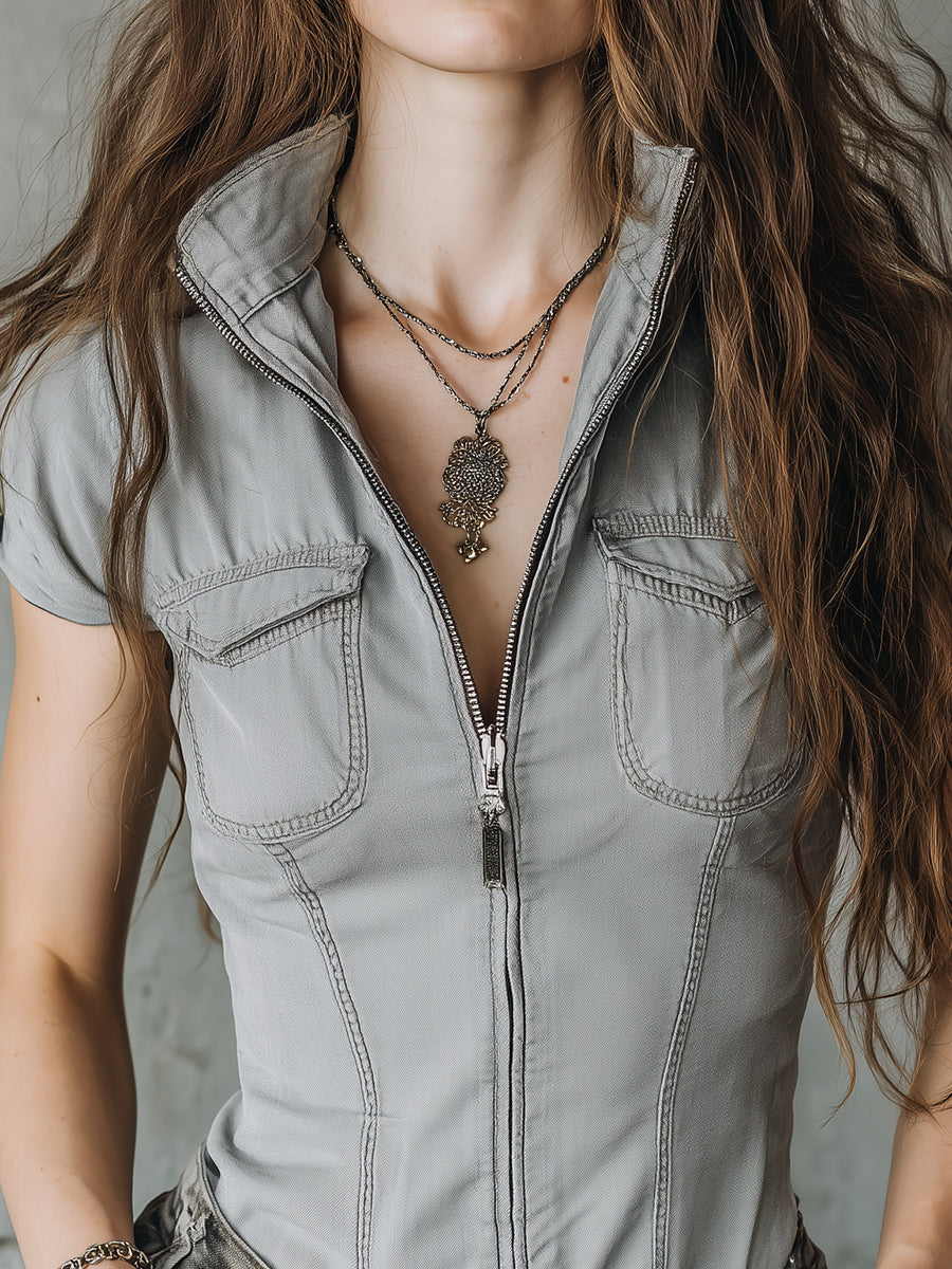 Vintage Washed Denim Stand-collar Slim-fit Blouse