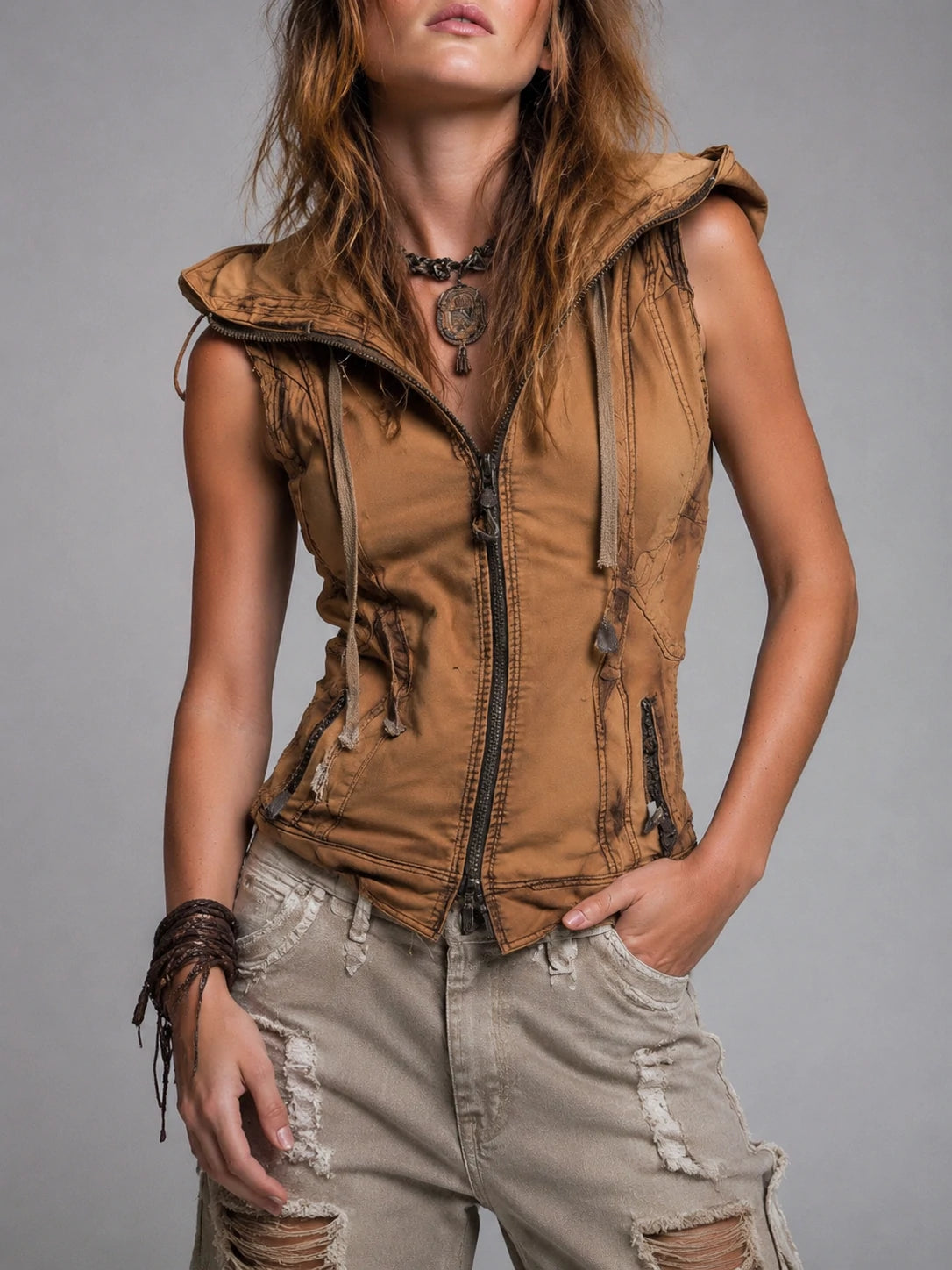 Vintage Washed Utility Style Hoodie Vest