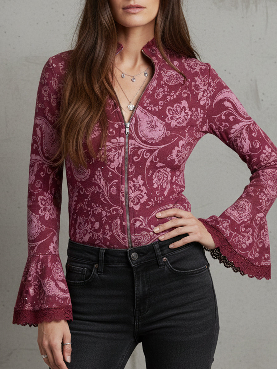 Elegant Cashew Print Rhinestone Lace Trim Blouse