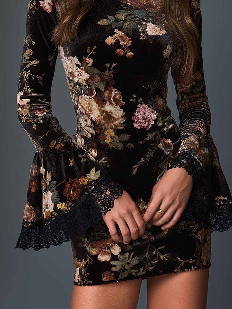 High Neck Velvet Floral Lace-Trim Mini Dress With Bell Sleeve – BCSHARED